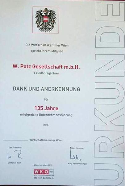 W. Potz GmbH - Urkunde für 135 Jahre erfolgreiche Unternehmensführung