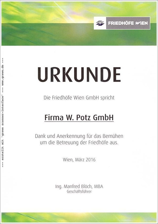 Potz W GesmbH - Urkunde Friedhofsbetreuung